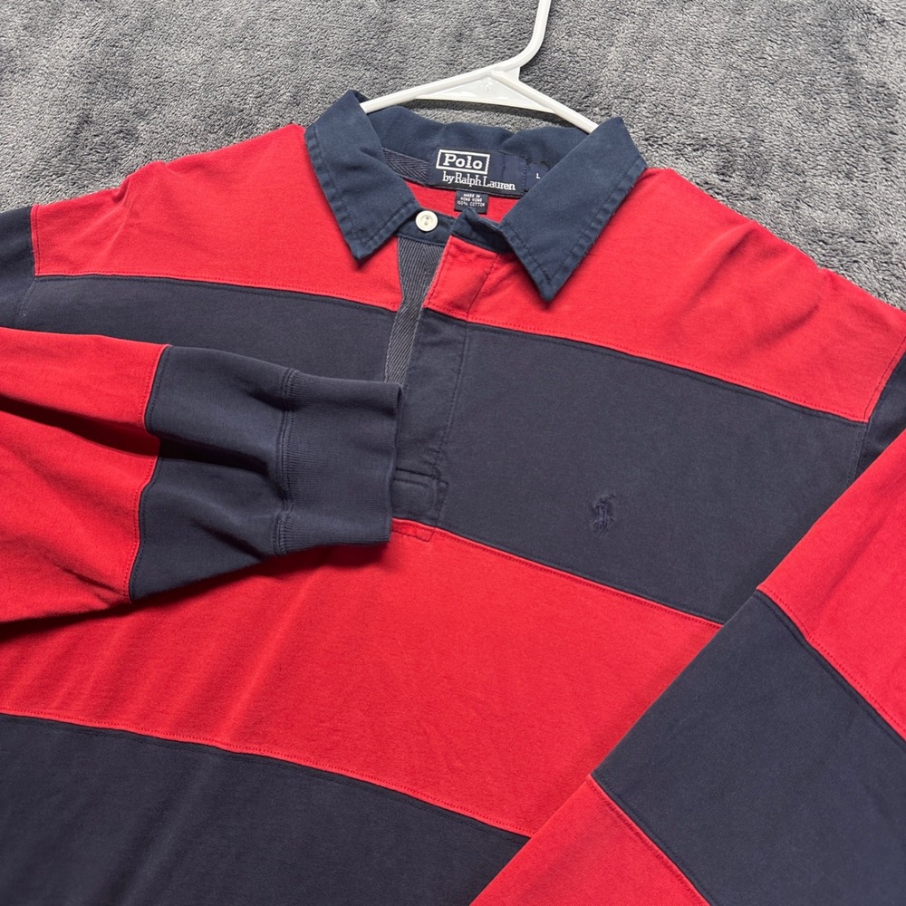 Vintage Polo Ralph Lauren Rugby Shirt Mens Large Red Blue Striped Long Sleeve
